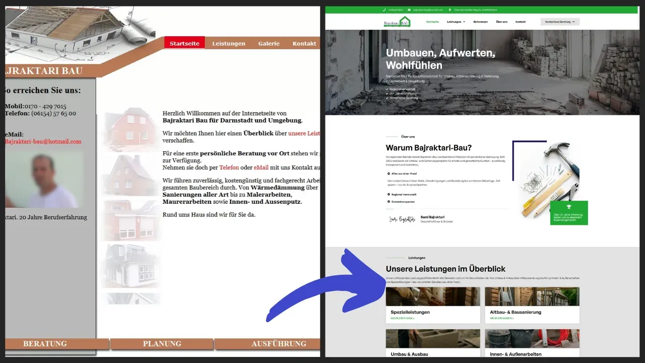 Vorher-Nachher-Vergleich der Website von Bajraktari Bau: links die alte statische HTML-Seite, rechts die neue responsive WordPress-Website