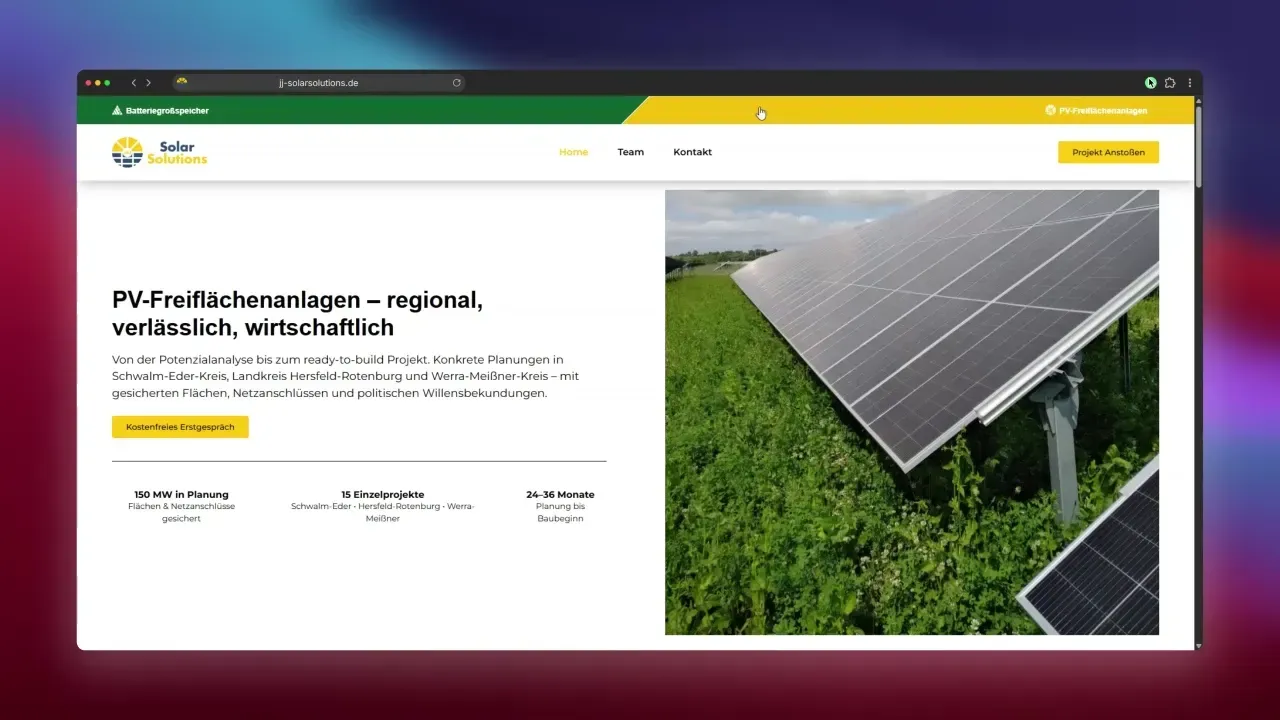 Standbild aus dem Screencast: Header mit dem zweifarbigen Markenwechsler zwischen J&J SolarSolutions und PureWatt