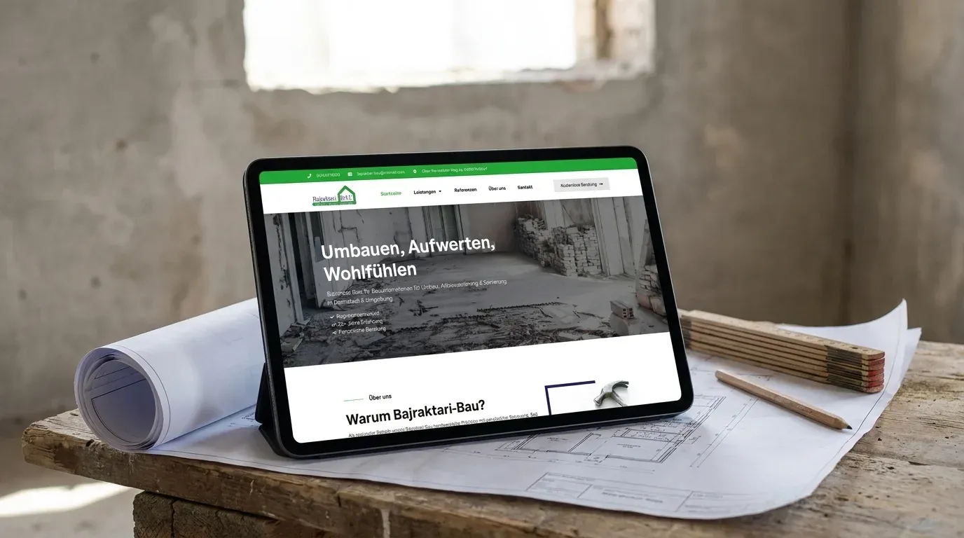 Mockup: die Seite „Über uns“ von bajraktari-bau.de auf einem Tablet, das im Rohbau auf einem Bauplan liegt.