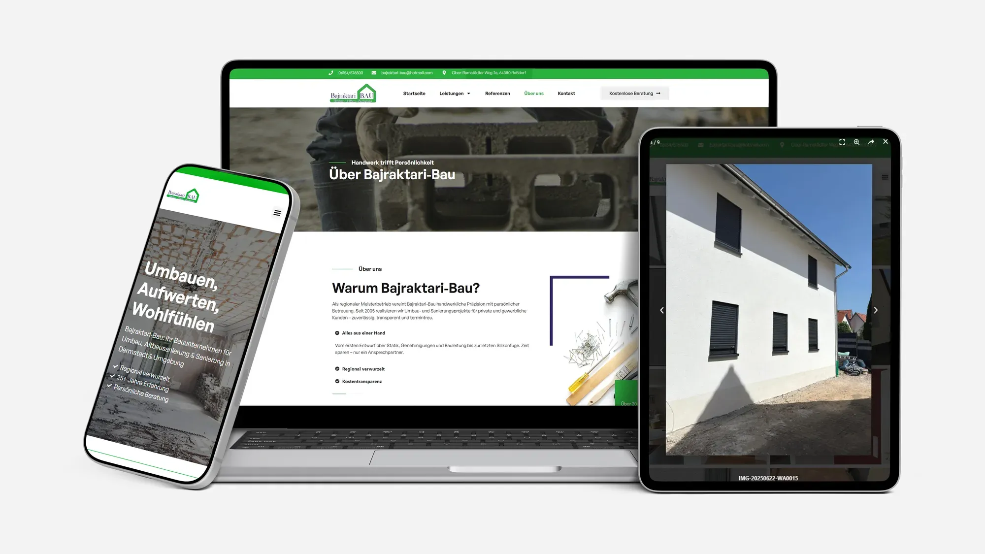 Mockup: die Website von bajraktari-bau.de auf Laptop, Smartphone und Tablet nebeneinander.