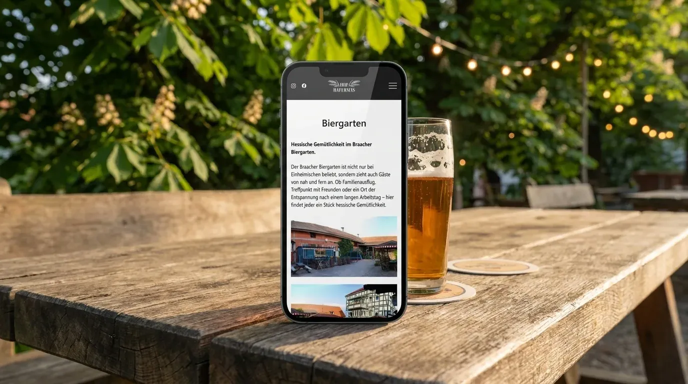 Mockup: die Seite „Biergarten“ von hofhafermas.de auf einem Smartphone, das auf einem Holztisch im Biergarten neben einem Glas Bier steht.