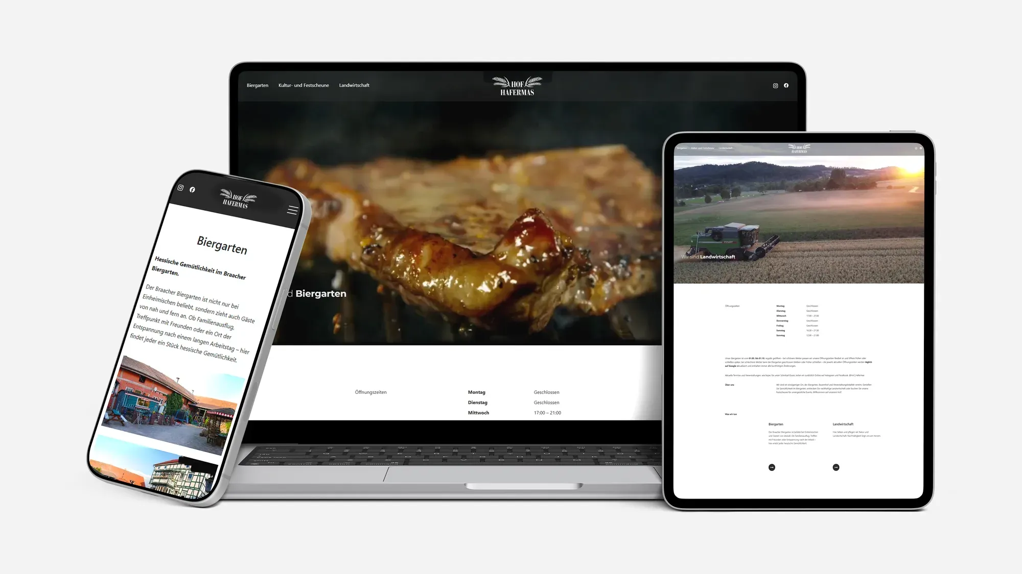 Mockup: die Website von hofhafermas.de auf Laptop, Smartphone und Tablet nebeneinander.