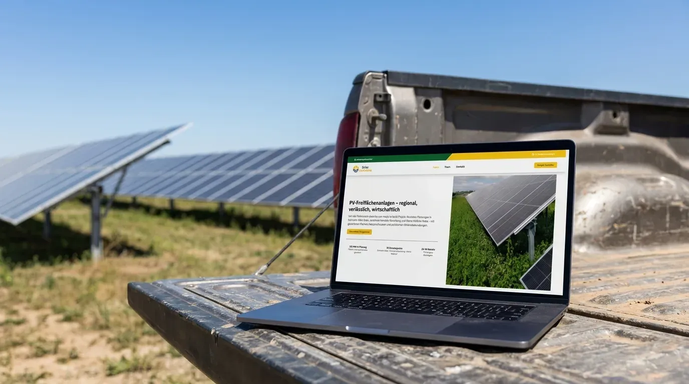 Mockup: die Website von jj-solarsolutions.de auf einem Laptop, der auf einer Ladefläche vor einer Photovoltaik-Freiflächenanlage steht.