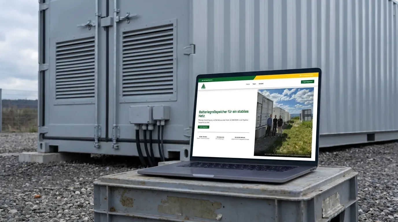 Mockup: die Website von purewatt.de auf einem Laptop vor einem Batteriegroßspeicher im Container.