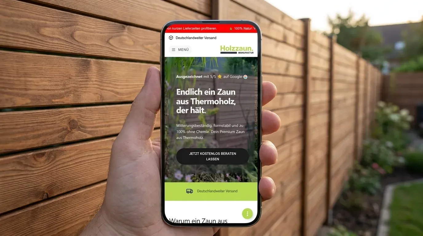 Mockup: die Startseite von thermoholzzaun.de auf einem Smartphone, gehalten von einer Hand vor einem Zaun aus Thermoholz.