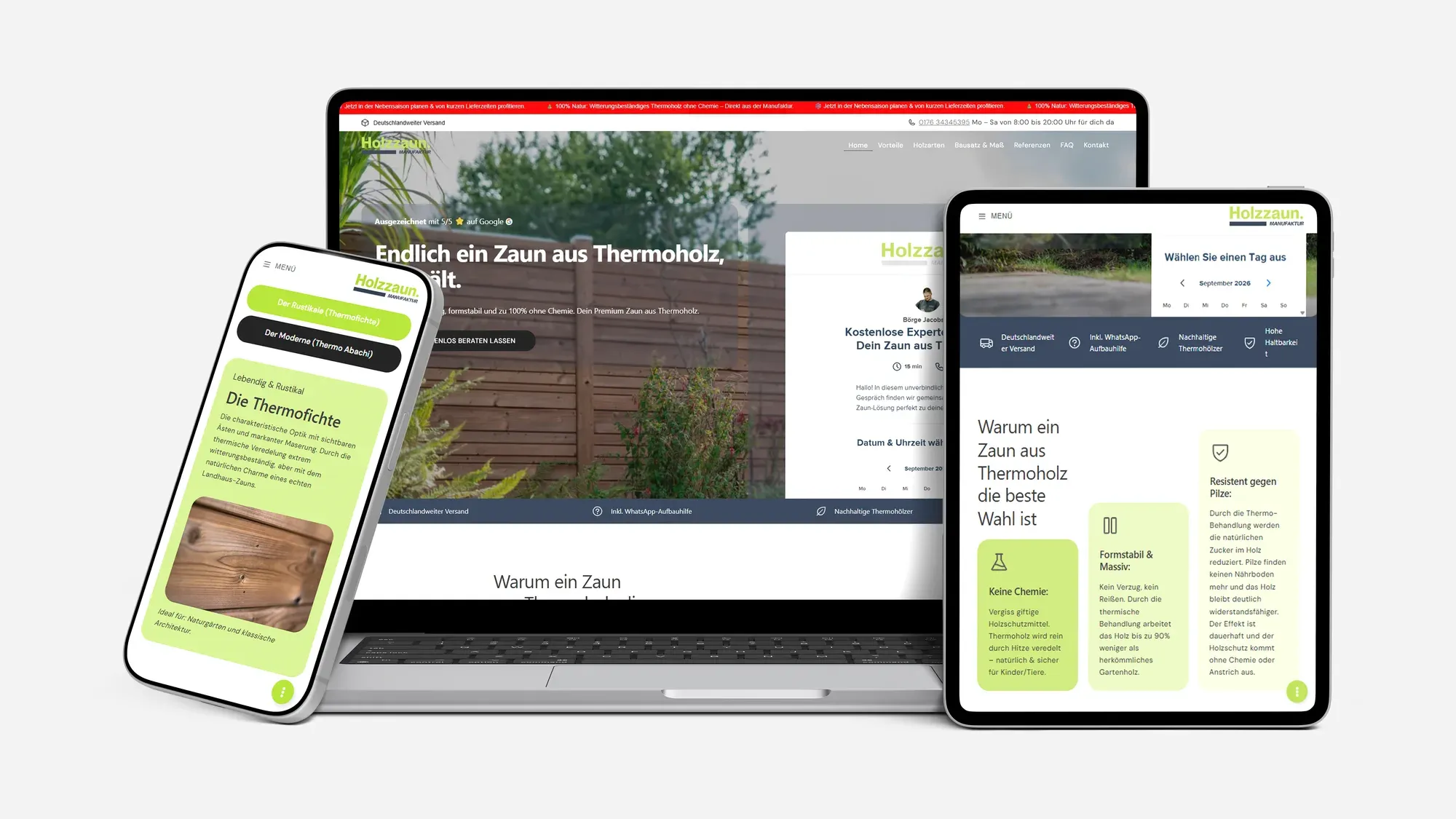 Mockup: die Website thermoholzzaun.de auf Laptop, Smartphone und Tablet nebeneinander.