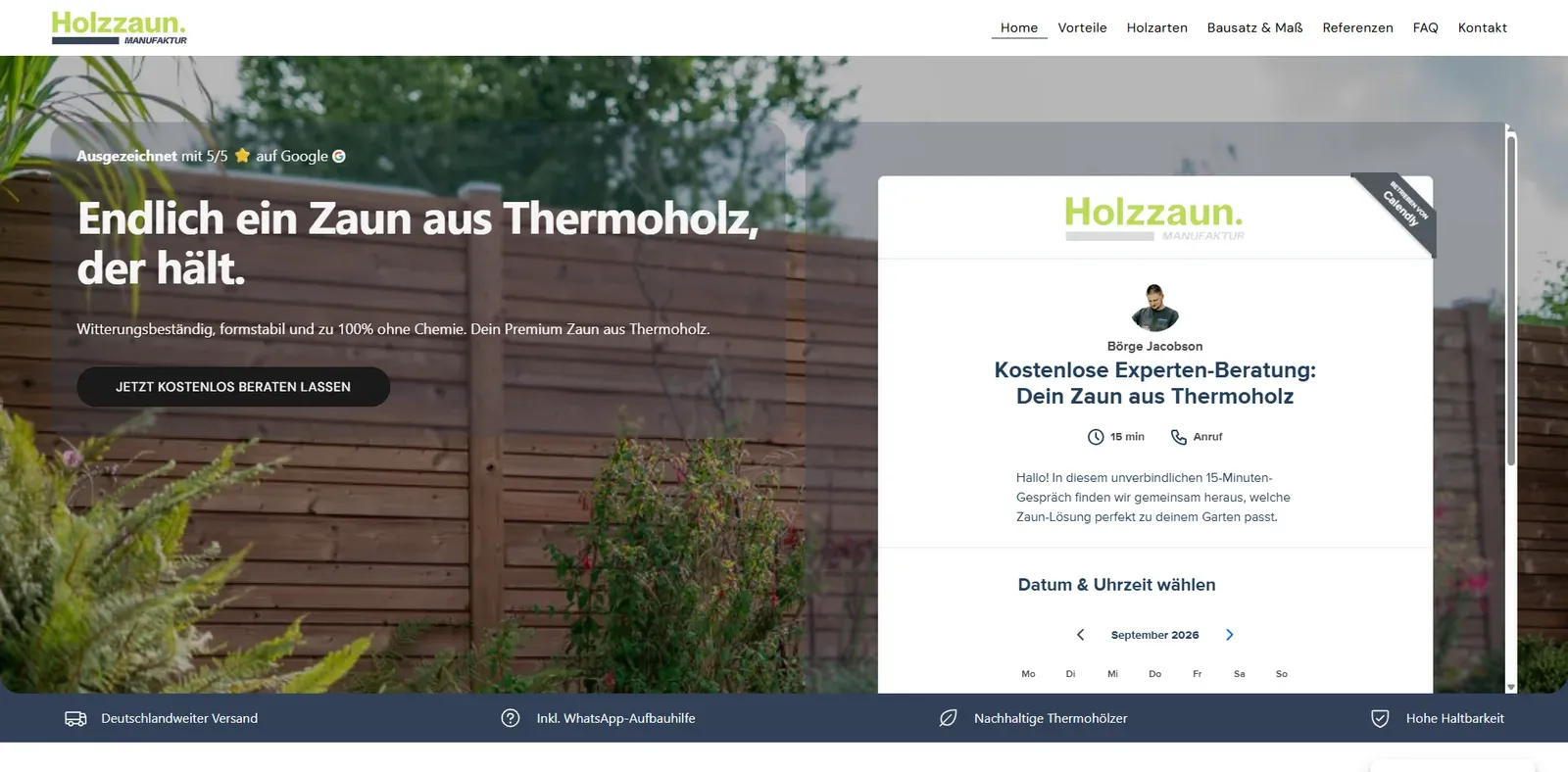Bildschirmfoto von thermoholzzaun.de: über dem Seitenkopf liegt die Terminbuchung mit Kalender für ein kostenloses Beratungsgespräch.