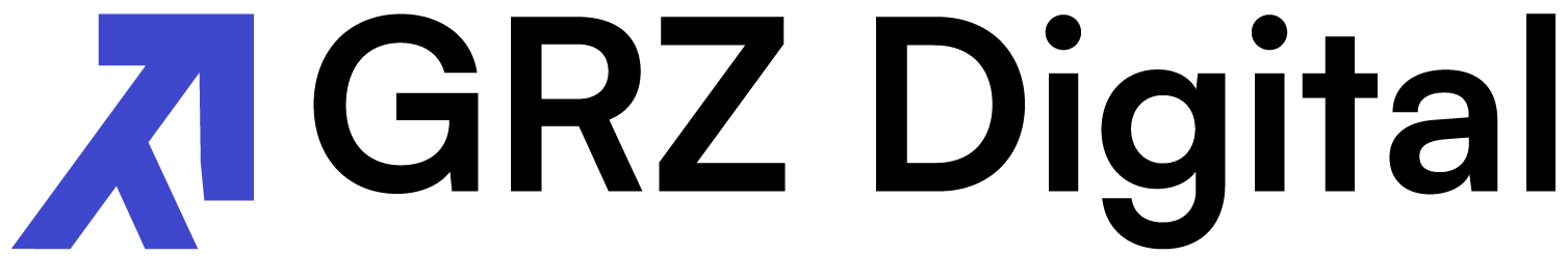 GRZ Digital Firmenlogo mit stilisiertem Pfeilsymbol und Schriftzug „GRZ Digital“ in Blau.
