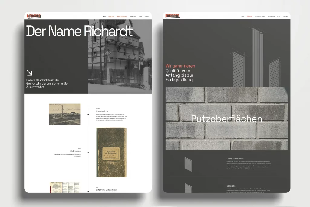 Zwei Website-Layouts von richardt.com: links Historie-Timeline „Der Name Richardt“, rechts Produktseite „Putzoberflächen“.