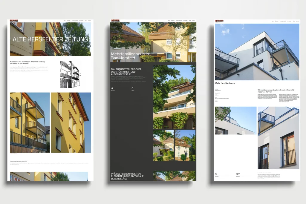 Collage aus drei Case-Study-Seiten auf richardt.com: „Alte Hersfelder Zeitung“, „Mehrfamilienhaus in Bad Hersfeld“ und „Mehrfamilienhaus“ mit moderner Fassade.