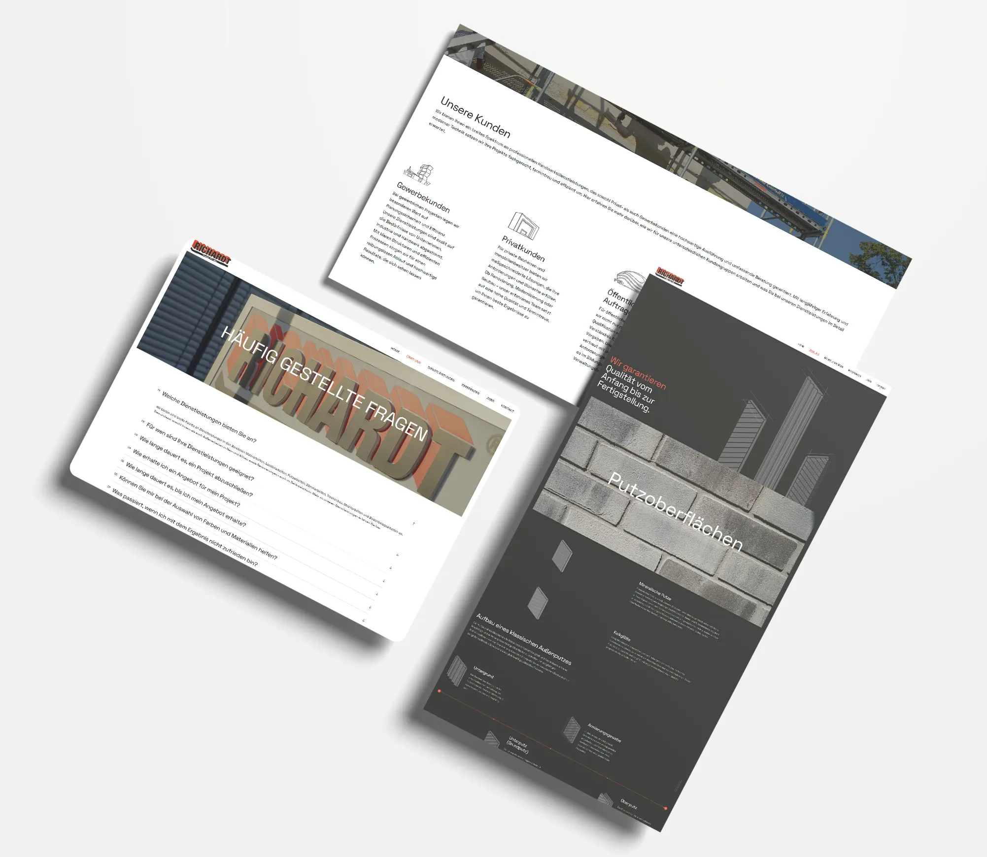 Drei Screenshots der Richardt-Website: Leistungsseite, FAQ-Seite und Putzoberflächen-Produktseite in einer Kollage.