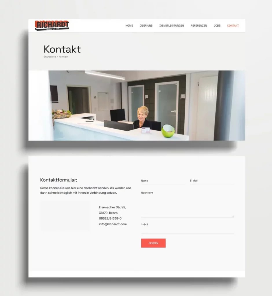 Screenshot der Richardt-Kontaktseite mit Empfangstresen und Kontaktformular inklusive Adresse, Telefon und E-Mail.