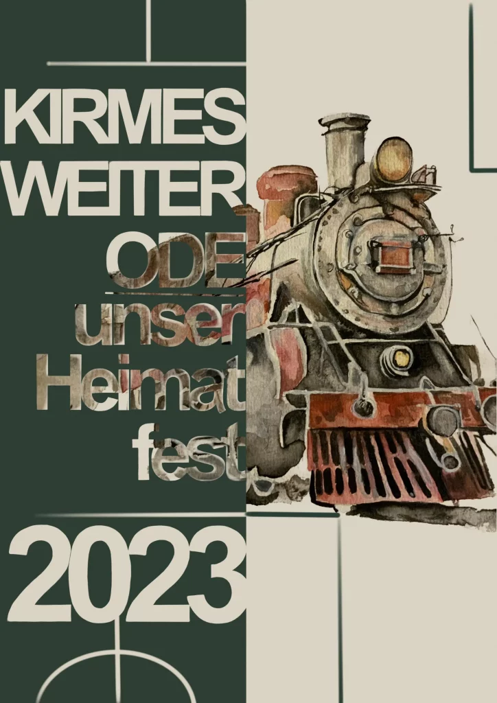 Cover der Festzeitschrift „Kirmes Weiterode – Unser Heimatfest 2023“ mit stilisierter Dampflokomotive und typografischem Design.