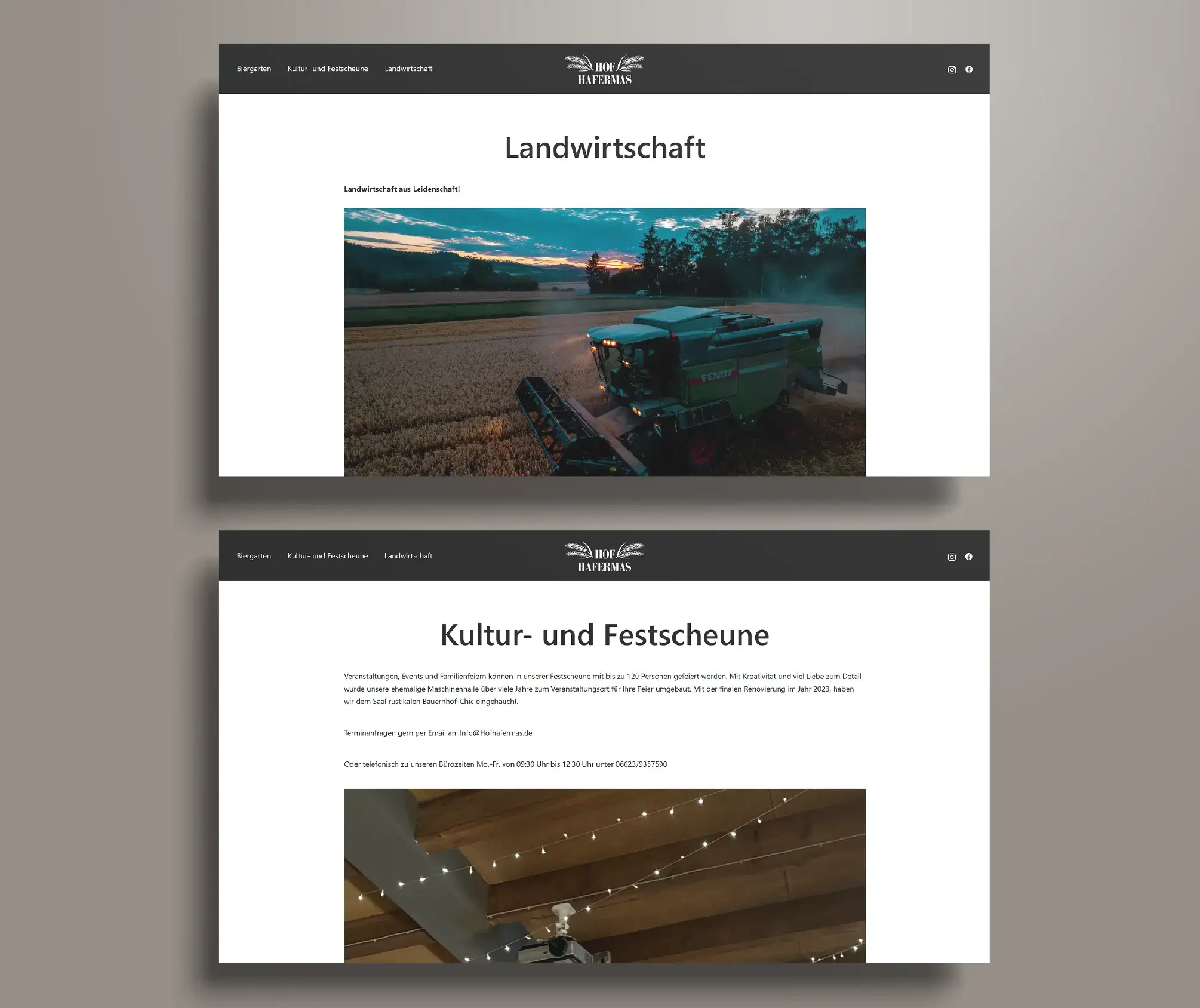 Webseite Hof Hafermas. Seite: Landwirtschaft oben und Seite: Kultur- und Festscheune unten