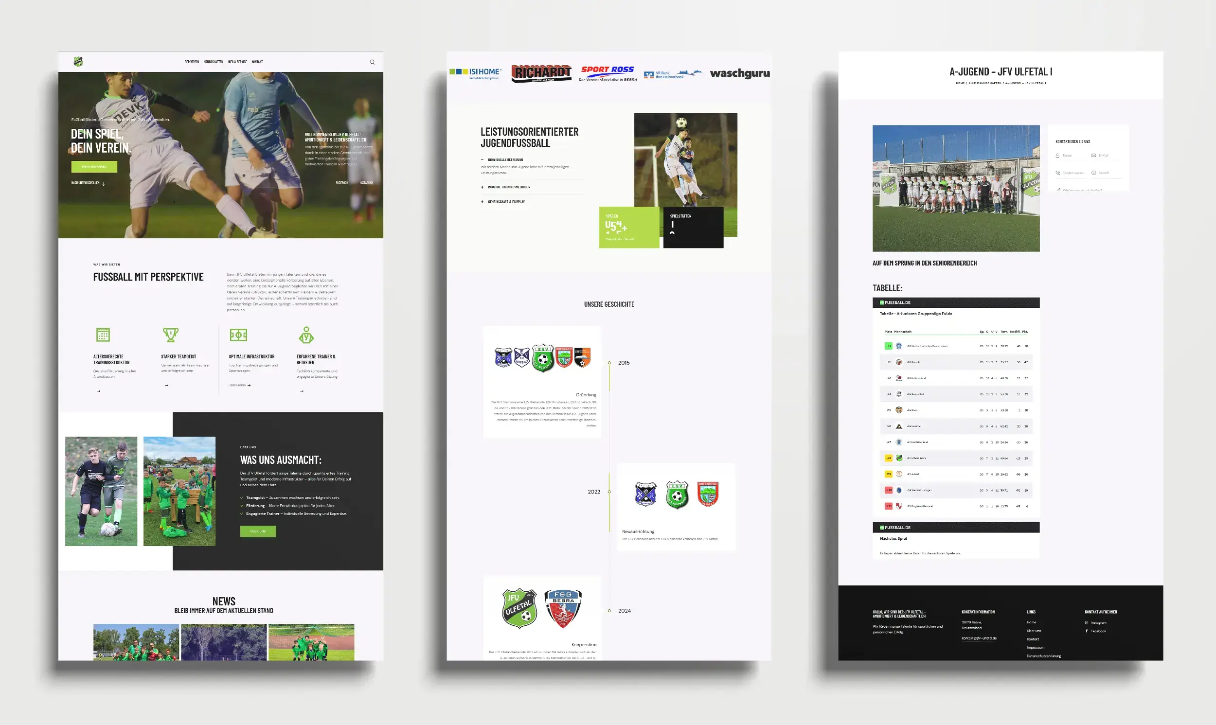 Kollage der JFV Ulfetal Website: Startseite mit Hero-Zweikampf, Über-uns-Timeline und A-Jugend-Tabelle.