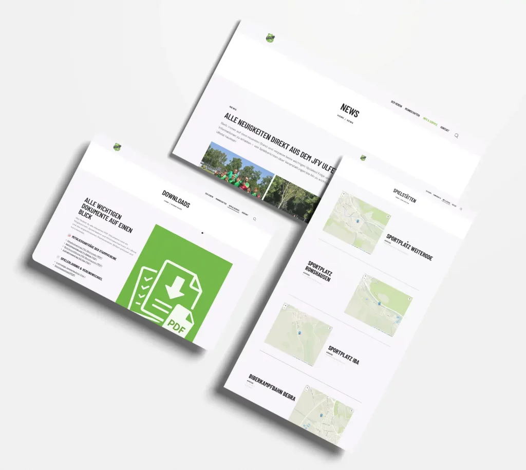 Kollage der JFV Ulfetal Website: News-Übersicht, Downloads-Seite und Sportstätten-Übersicht mit interaktiven Karten.